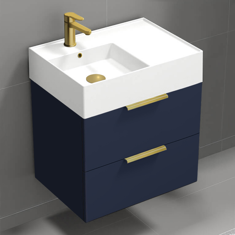 Bathroom Vanity Floating Small Bathroom Vanity, Modern, Blue, 24 Inch, Gold Handles Nameeks DERIN409